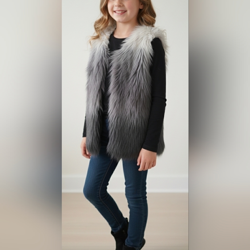 H&M Fluffy Gray Faux Fur Vest Girls 10/12 Boho Western Formal Goth SKU4